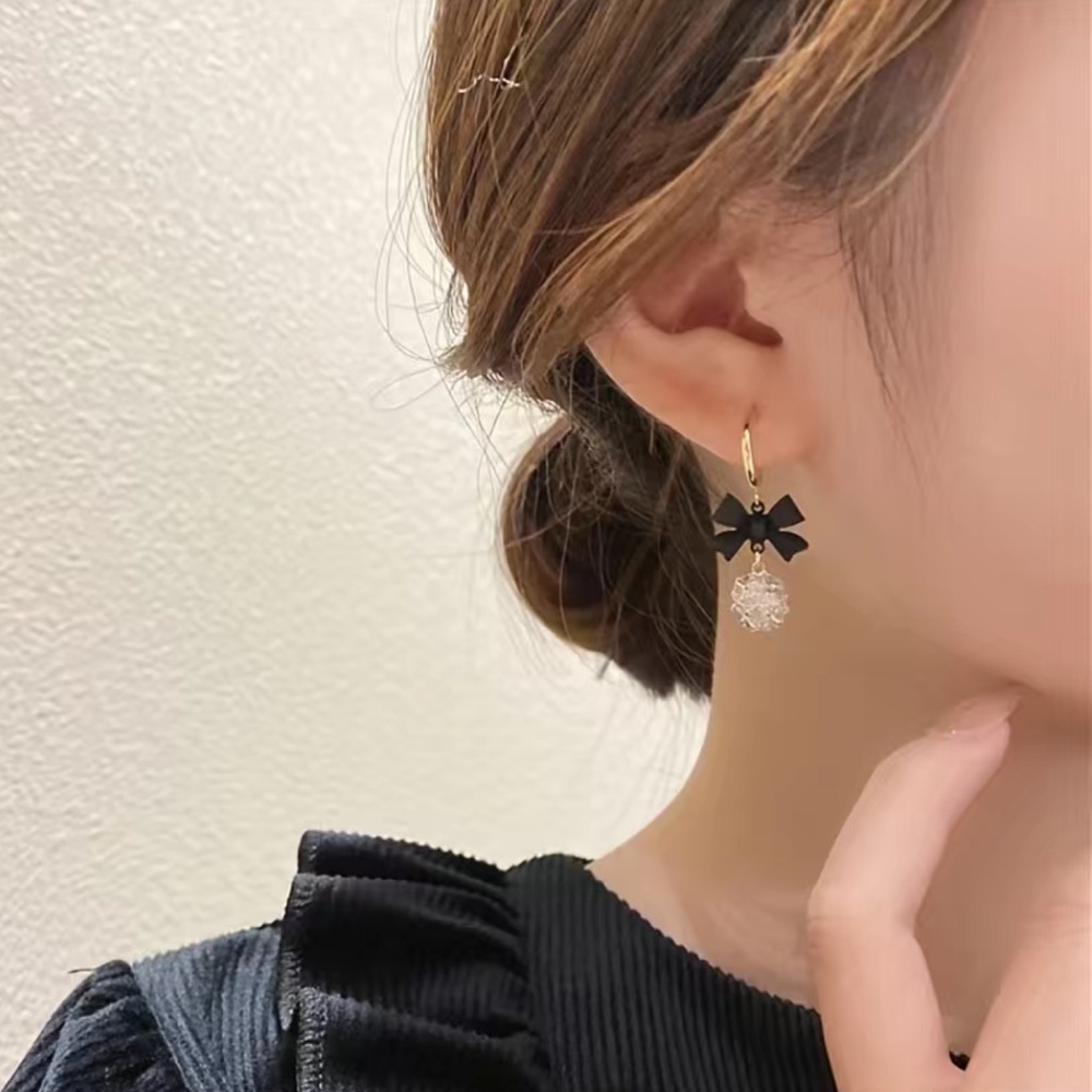 Diamond Ball Earrings with Bowknot Shape Pendant - Picture 2 of 7